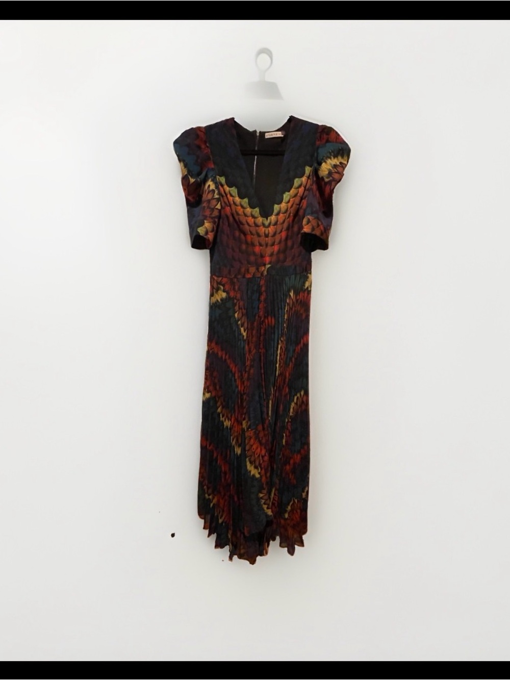Alice + Olivia Haven Peacock Chiffon Pleated Ruffled Feather Multi Gown - Picture 3 of 9